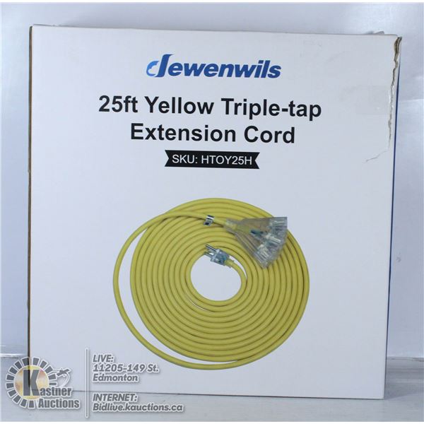 DEWENWILS 25FT YELLOW TRIPLE TAP EXTENTION CORD.