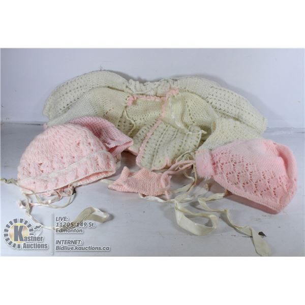 2 HANDMADE SWEATERS BOOTEES AND 5 BABY BONNETS
