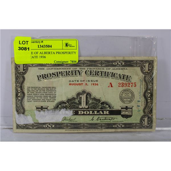 PROVINCE OF ALBERTA PROSPERITY CERTIFICATE 1936