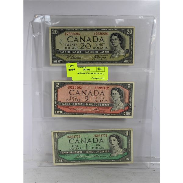 3 1954 CANDIAN DOLLAR BILLS 20, 2, 1