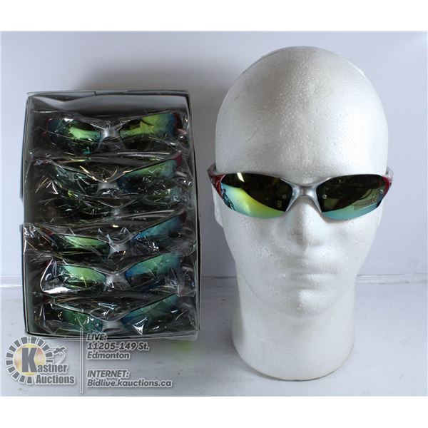 BOX OF BURNT ORANGE OAKLEY STYLE SUNGLASSES.