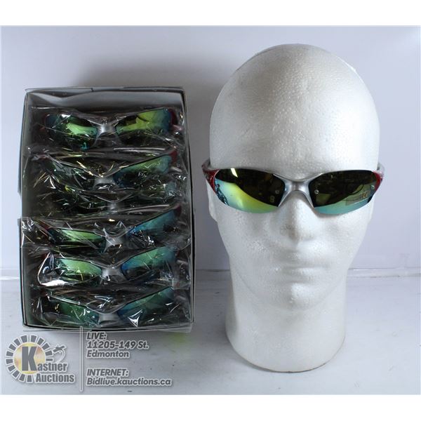 BOX OF BURNT ORANGE OAKLEY STYLE SUNGLASSES.