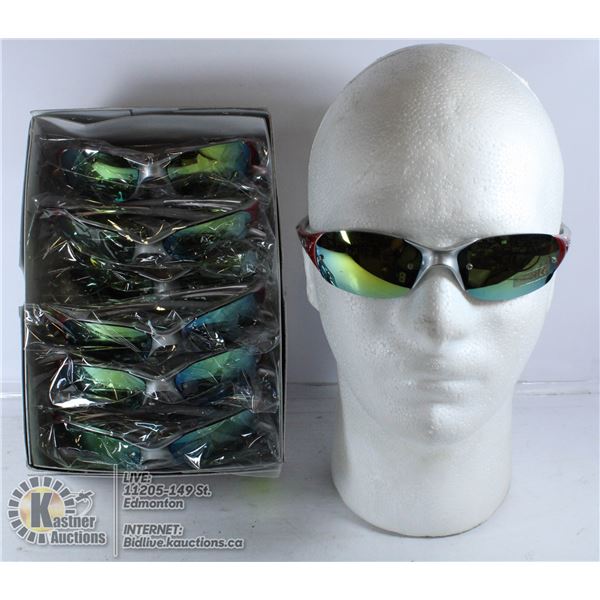 BOX OF BURNT ORANGE OAKLEY STYLE SUNGLASSES.