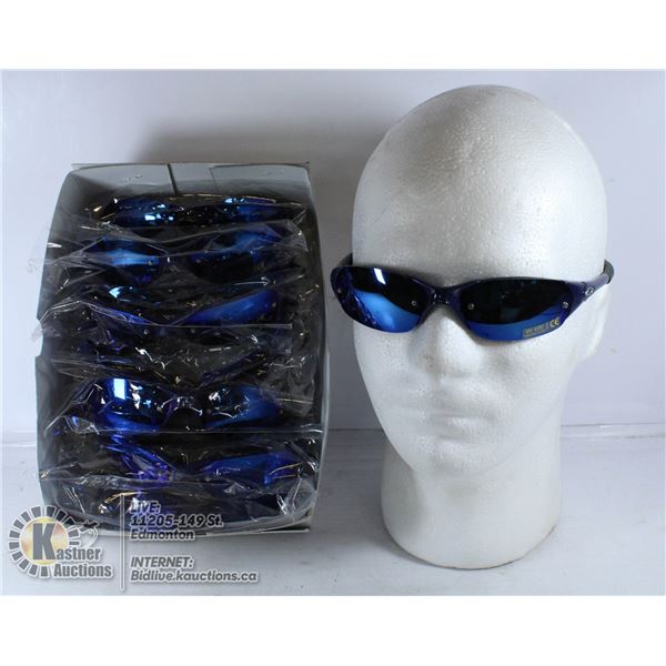 BOX OF SLEEK BLUE OAKLEY STYLE SUNGLASSES.