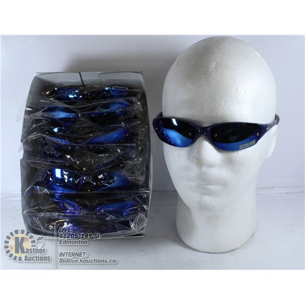 BOX OF SLEEK BLUE OAKLEY STYLE SUNGLASSES.