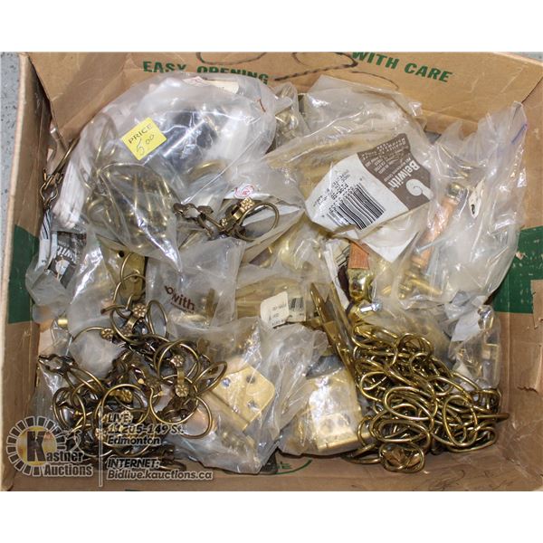 BOX OF DRAWER PULLS, HINGES, HARDWARE, ETC.