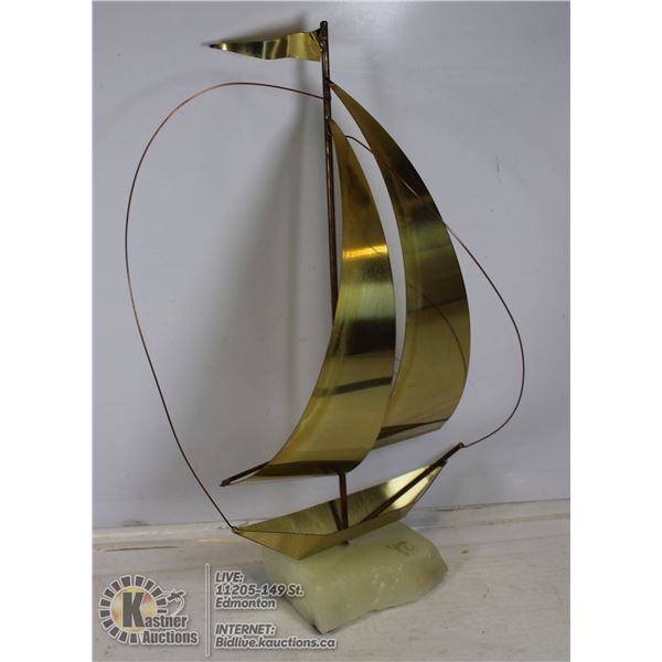 SIGNED FROM ART GALLERY,BRASS SAILBOAT ON MARBLE