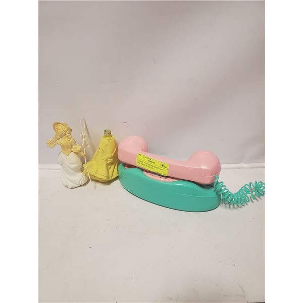 PLASTIC TOY PHONE/BANK AND 2 GIRL AVON BOTTLES