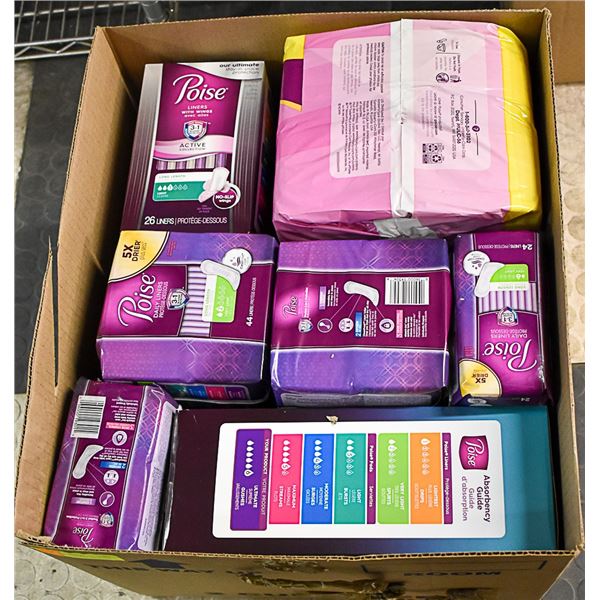 BOX LOT OF FEMININE HYGIENE PRODUCTS