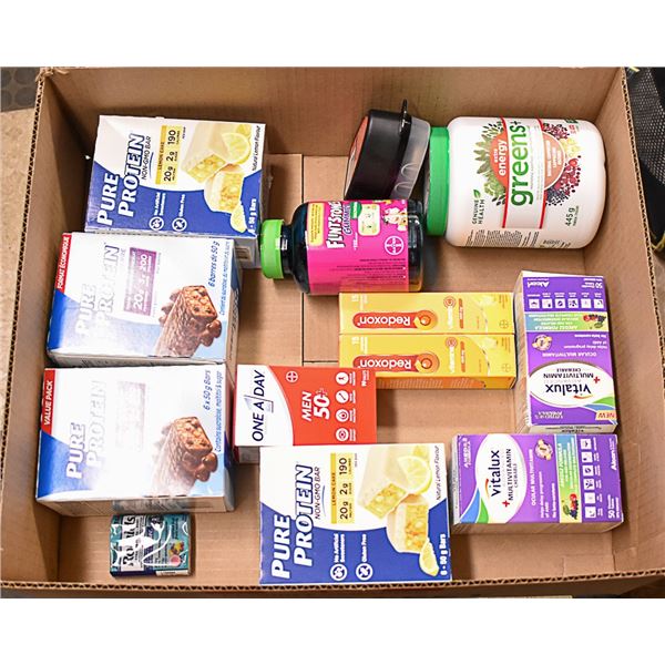FLAT LOT OF PROTEIN BARS AND ASSORTED PRODUCTS