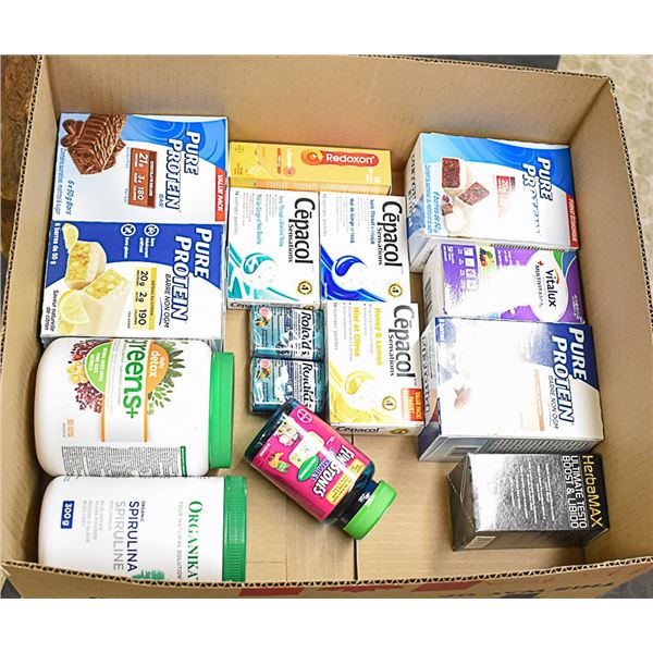 FLAT LOT OF PROTEIN BARS AND ASSORTED PRODUCTS