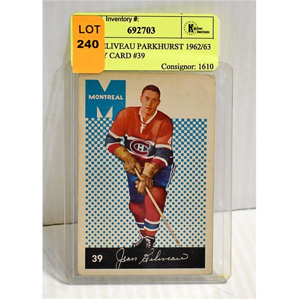 JEAN BELIVEAU PARKHURST 1962/63 HOCKEY CARD #39