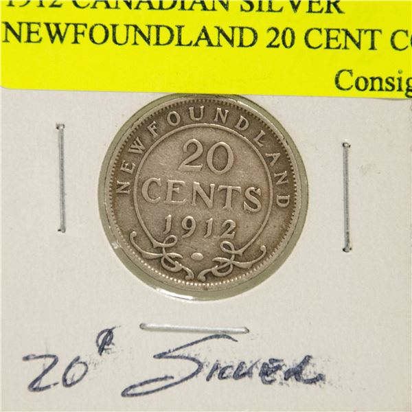 1912 CANADIAN SILVER NEWFOUNDLAND 20 CENT COIN