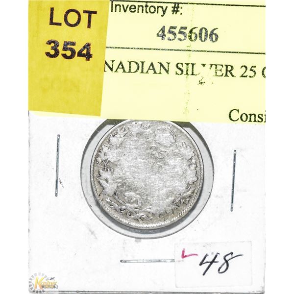 1921 CANADIAN SILVER 25 CENT COIN