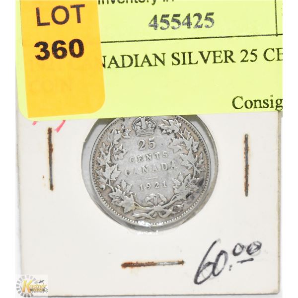1921 CANADIAN SILVER 25 CENT COIN