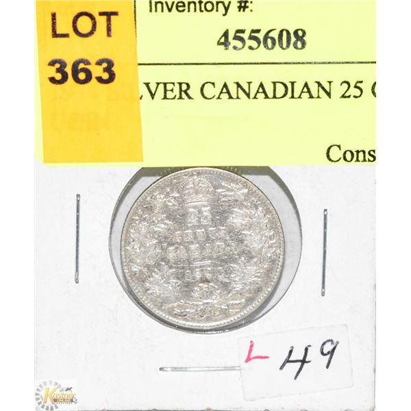 1934 SILVER CANADIAN 25 CENT COIN