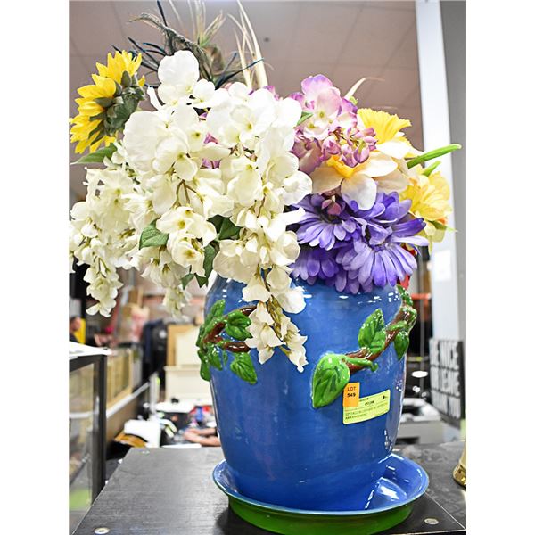 12" TALL BLUE VASE W/ ARTIFICIAL ARRANGEMENT