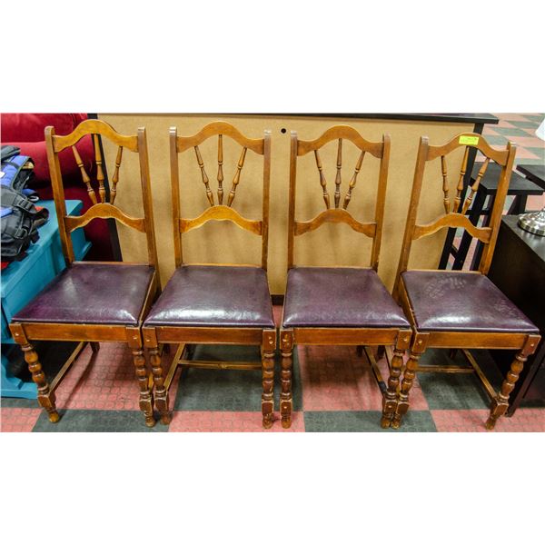 4 STURDY WOOD AND LEATHER ANTIQUE CHAIRS