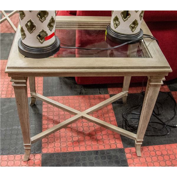 GREY END TABLE WITH GLASS APPROX H-26.5"