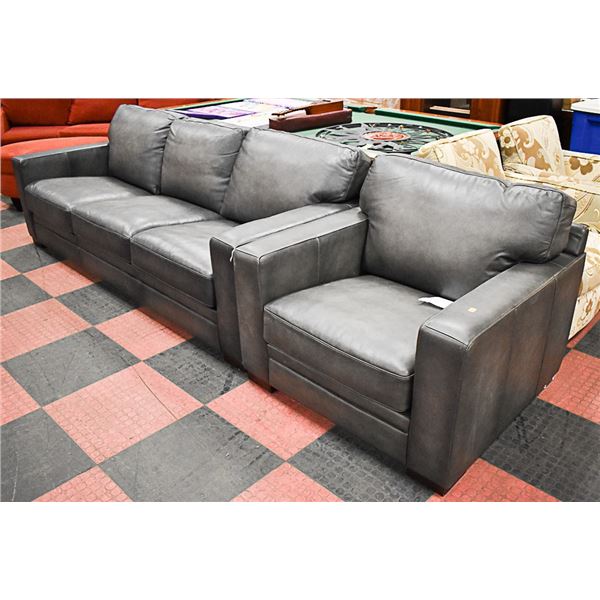 GREY LEATHERETTE SOFA WITH CHAIR