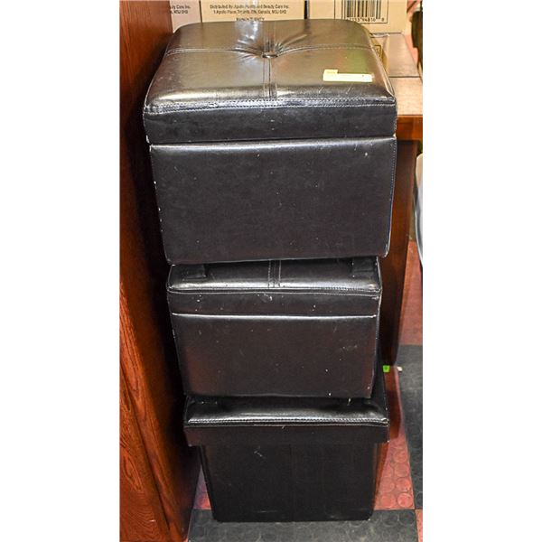 3 SMALL BLACK LEATHER OTTOMANS W/ STORAGE INSIDE