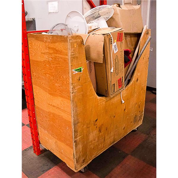 ROLLING WOOD BIN WITH CONTENTS