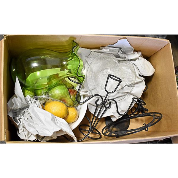 BOX OF HOME DECOR OF BLACK IRON AND GLASS