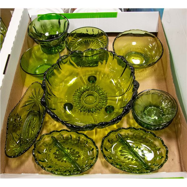 LOT OF 12 PIECES VINTAGE GREEN GLASSWARE