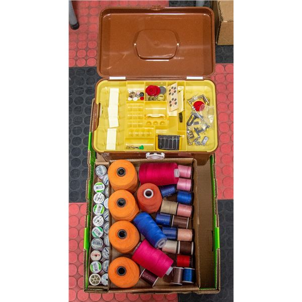 2 FLATS OF SEWING COTTONS AND SEWING BOX