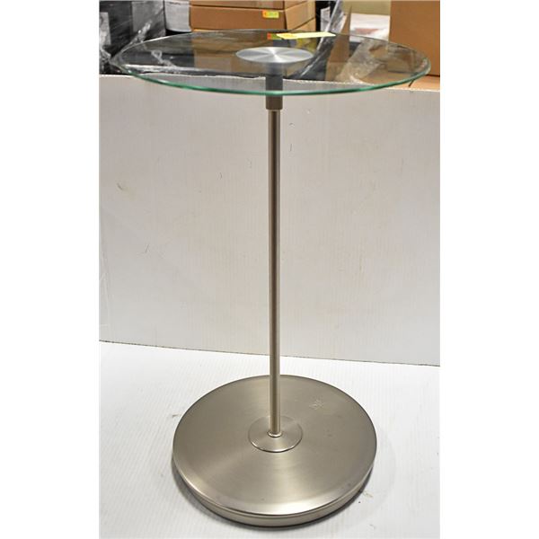 ADJUSTABLE HEIGHT GLASS AND STAINLESS STEEL TABLE