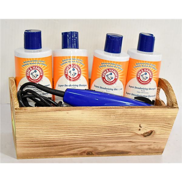 BASKET OF DOG SHAMPOO AND CLIPPERS - USED