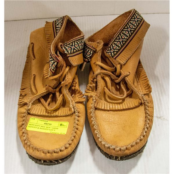 MENS SOFT MOC MOCCASINS FRINGED & BANDED SIZE 9