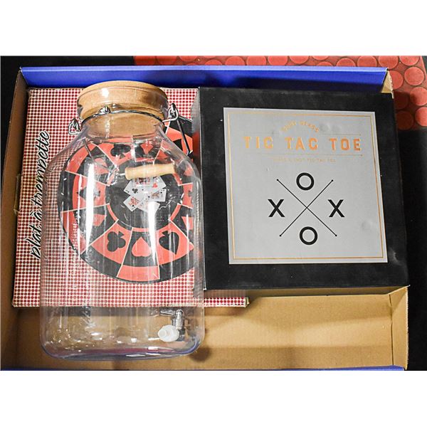 CRATE +BARREL JUG WITH SPOUT,SHOT GLASS TIC TAC TO