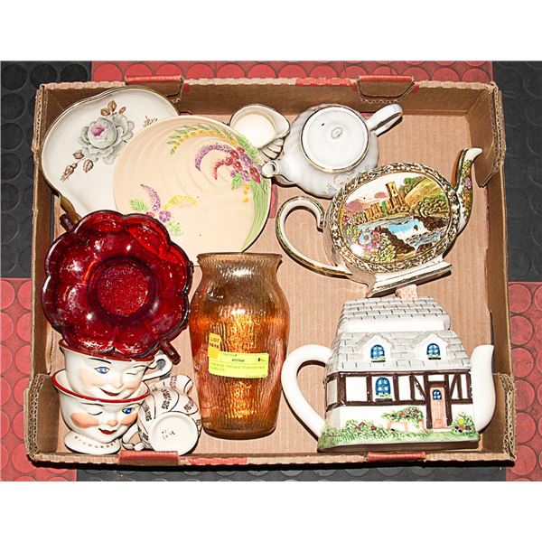 FLAT OF TEAPOTS/FACE CUPS, ETC