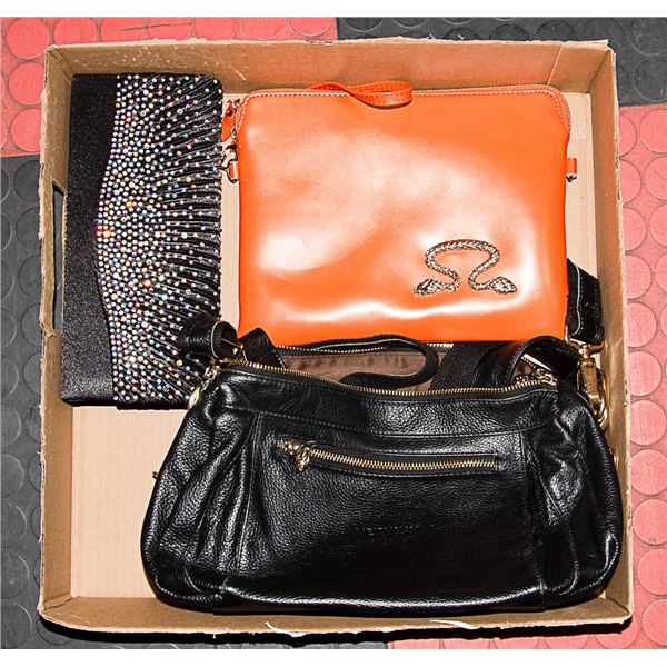 3 PURSES / BAGS ORANGE, BLACK, AND BLACK CLUTCH