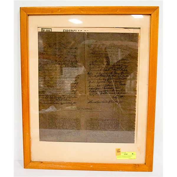 ANTIQUE FRAMED EPHEMERA DATED 1775 SIGNED ETHAN