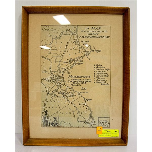 FRAMED ANTIQUE MAP - EASTERN PARTS OF THE COLONY