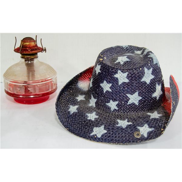 VINTAGE OIL/GAS LAMP AND VINTAGE PETER GRIMM HAT