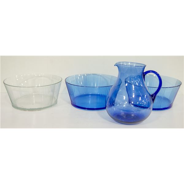 SET OF 3 COBALT BLUE LARGE PITCHER/BOWL GLASS AND