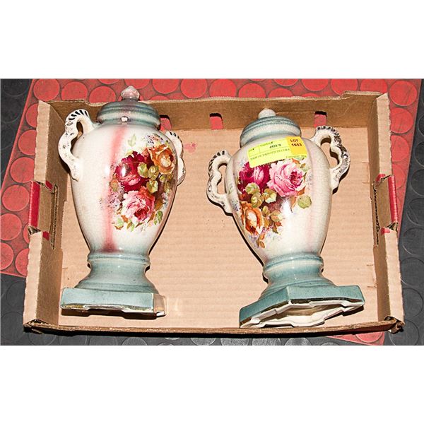 PAIR OF PAINTED DECORATIVE URNS