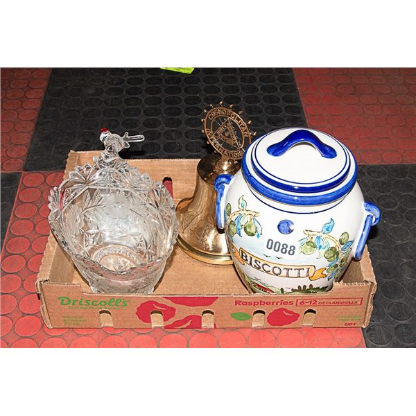 DECORATIVE HEAVY LARGE BRASS BELL, BISCOTTI JAR AN