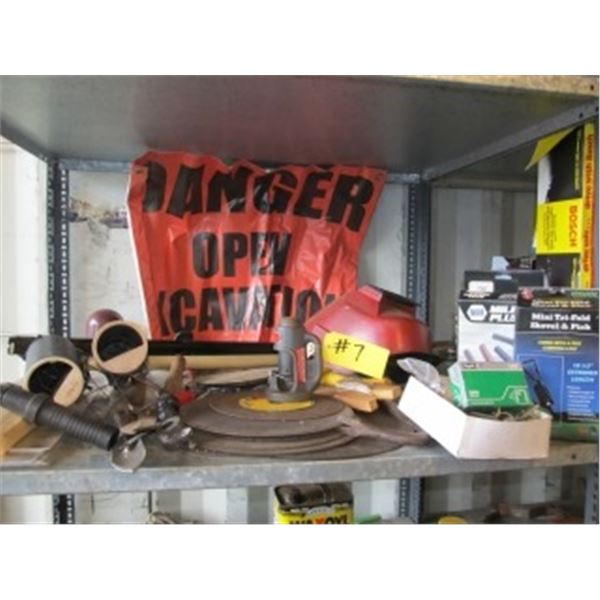 SPARK PLUG WIRES, CABLE CUTTER, CHOP SAW DISCS, HEDGE TRIMMER, 2 MOLE TRAPS, WELDING HELMET