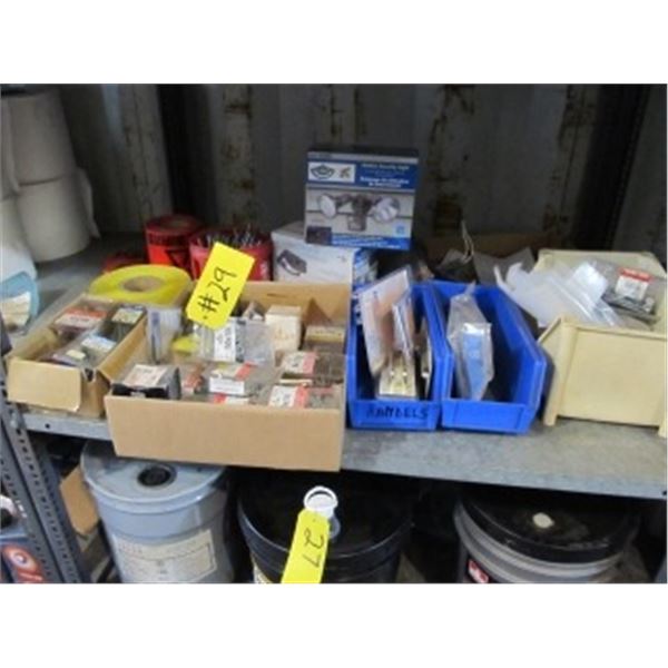 2 MOTION SENSOR LIGHTS, ROLLS OF CAUTION TAPE, DOOR PULLS, BOX OF ELECTRICAL, PACKS OF WOOD SCREWS