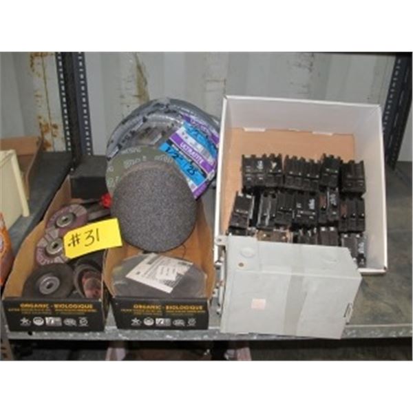 CUT OFF DISCS 4-7", ROLL OF CONDUIT, ASST OF 15-60A BREAKERS, HUB CAPS