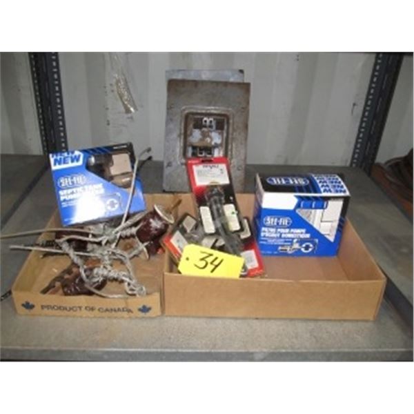 BREAKER BOX, INSULATORS, 3-3000W HEATER ELEMENTS, 2 NEW SEPTIC PUMP FILTERS