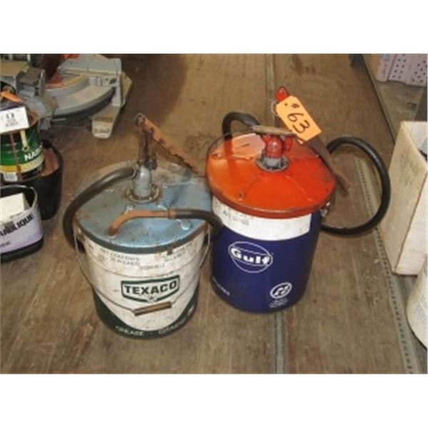 2 TRANSMISSION OIL FILLERS IN ANTIQUE TEXACO & GULF PAILS