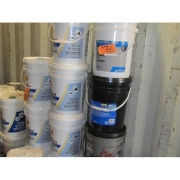 5 PARTIAL PAILS OF ENGINE, HYDRAULIC, TRANSMISSION OIL (ALL FOR ONE MONEY)