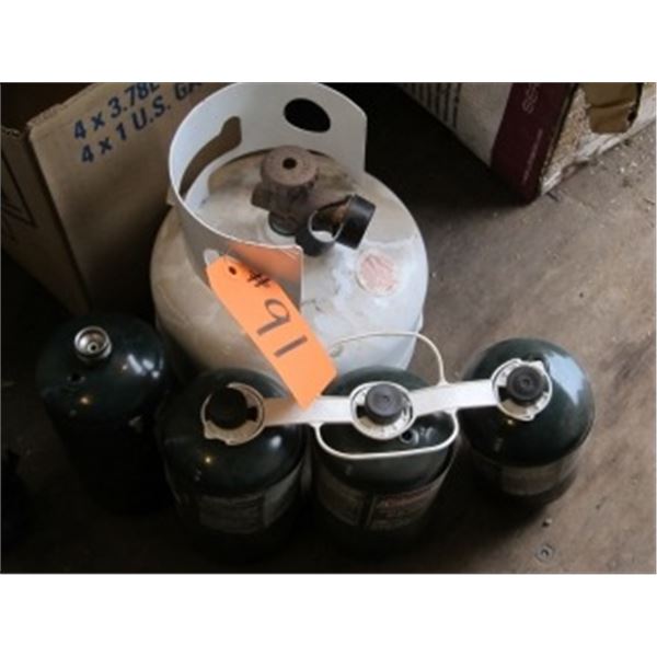 3 - 1 LB PROPANE BOTTLES, 5 LB PROPANE TANK