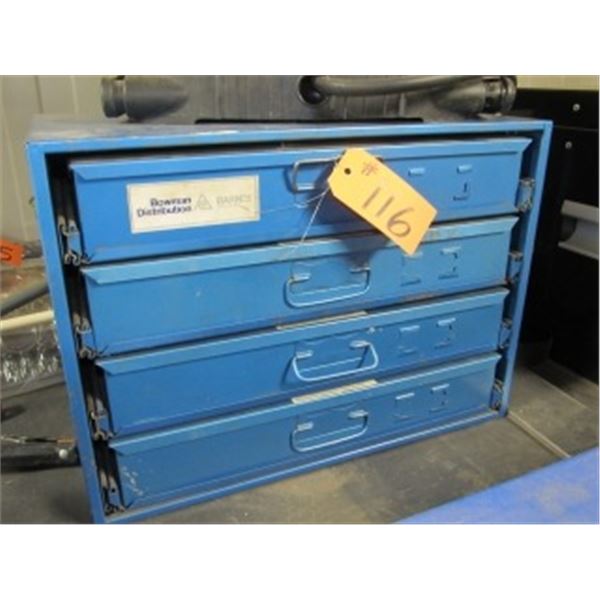 4 DRAWER ORGANIZER C/W RIVETS, SELF TAPPING SCREWS, CLIPS, TIES, ELECTRICAL CONNECTORS