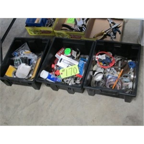 3 BOXES OF MISC GUAGES, BATTERY CLAMPS, EMERY CLOTH, CLAMPS & WIRE